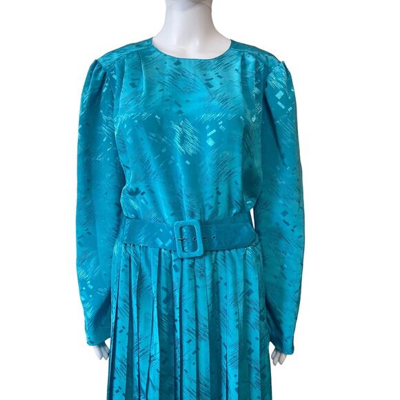 Vintage 80s Melissa Lane Womens Dress Sz 12 Turquise Secretary Midi Long Sleeves - Picture 2 of 10